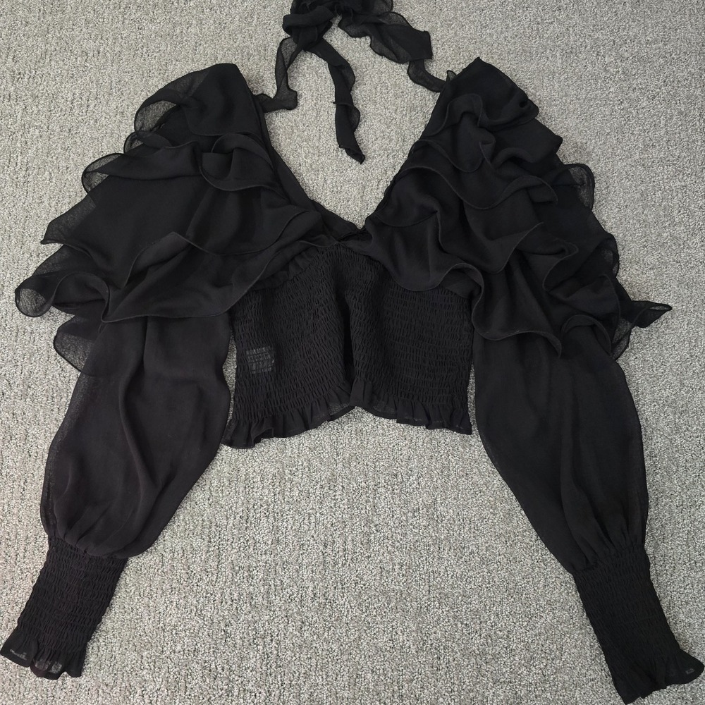 Commense Black Ruffle Sheer Crop Top XL Coquette Fairy Grunge Goth Blouse